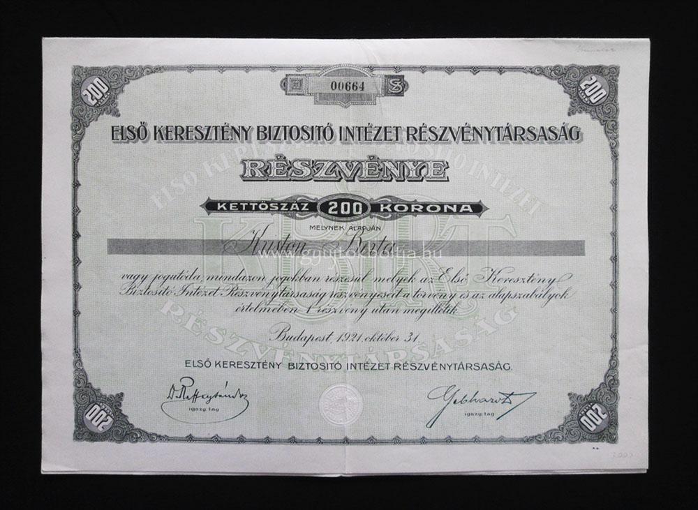 Első Keresztény Biztosító Intézet részvény 200 korona 1921
